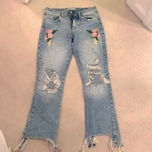 Zara flower high rise ripped jeans